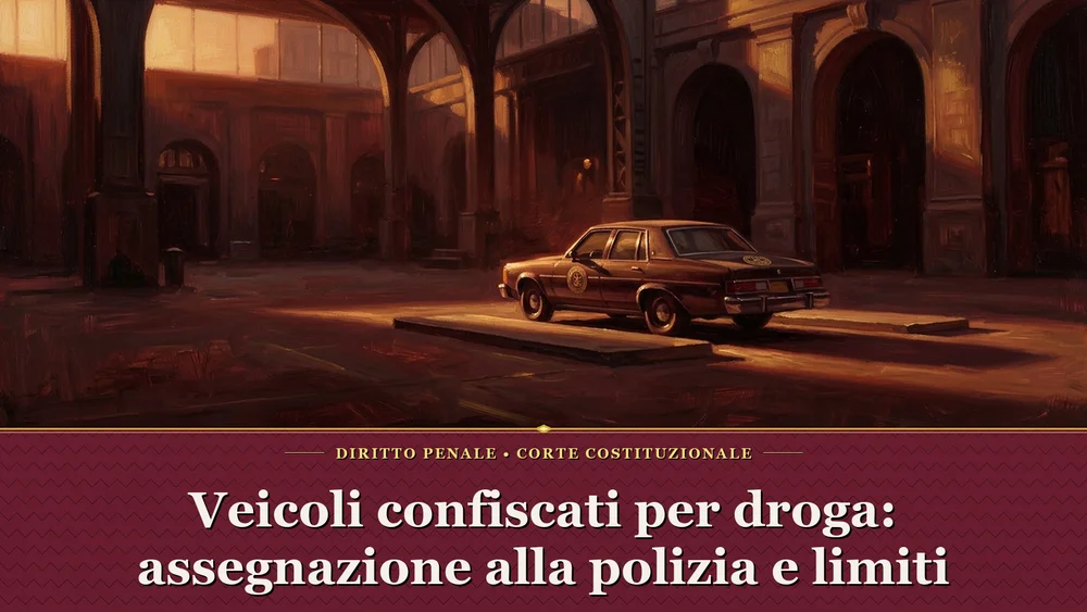 Illustrazione sul tema veicoli confiscati per droga, raffigurante un'auto sequestrata in custodia, per l'articolo della Consulta
