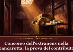 Illustrazione sul concorso dell'extraneus nella bancarotta fraudolenta con trituradocumenti e assegni su fondo burgundy