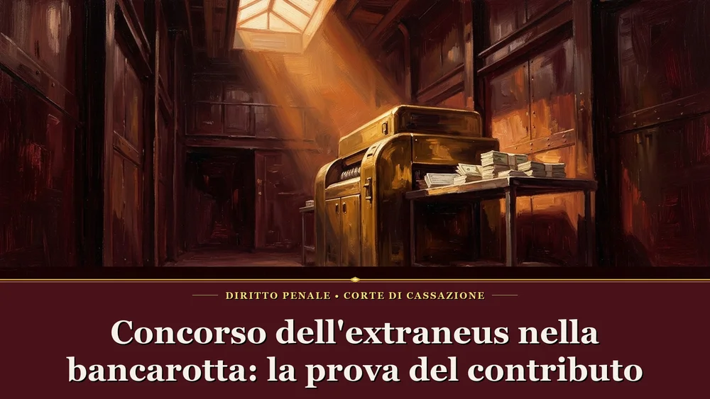 Illustrazione sul concorso dell'extraneus nella bancarotta fraudolenta con trituradocumenti e assegni su fondo burgundy