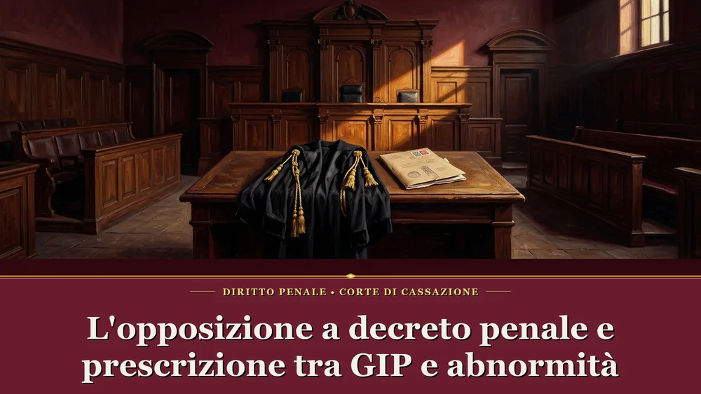 Opposizione a decreto penale e prescrizione — Toga forense e busta giudiziaria nell'aula di giustizia penale per l'opposizione a decreto penale