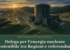 Illustrazione sulla delega per l'energia nucleare sostenibile, con reattore modulare in un paesaggio in verde eucalipto.