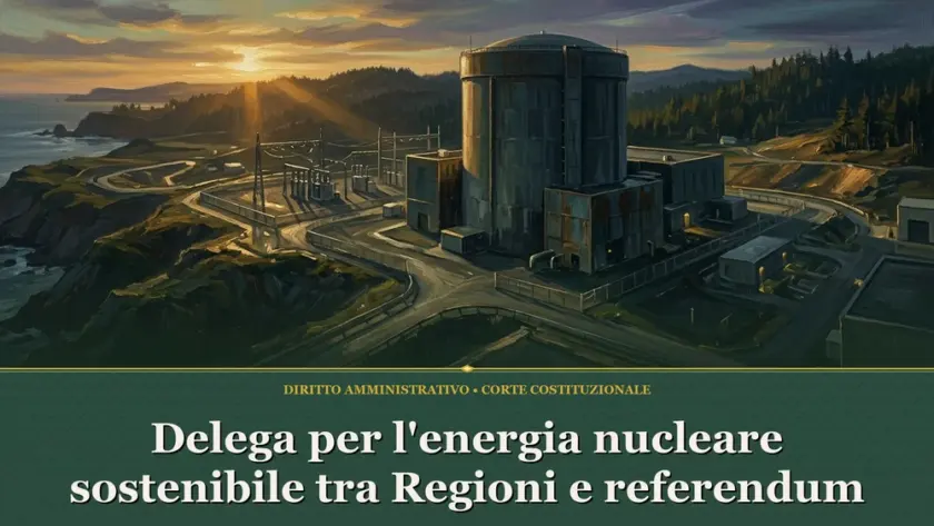 Illustrazione sulla delega per l'energia nucleare sostenibile, con reattore modulare in un paesaggio in verde eucalipto.