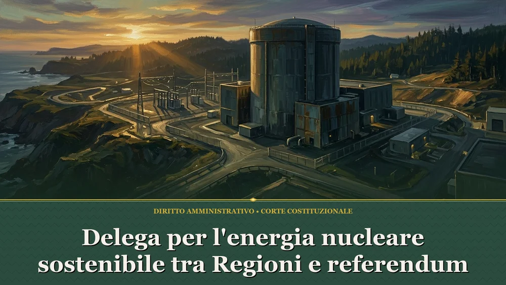 Illustrazione sulla delega per l'energia nucleare sostenibile, con reattore modulare in un paesaggio in verde eucalipto.