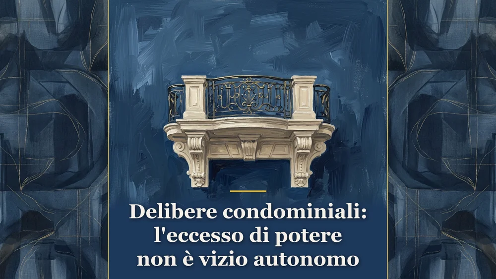 Illustrazione pittorica editoriale di un balcone in pietra e ferro battuto su campitura blu per il commento alla sentenza della Cassazione sulle delibere condominiali