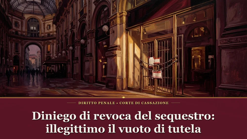 Illustrazione sul tema del diniego di revoca del sequestro di prevenzione, raffigurante un'azienda con sigilli giudiziari, per l'articolo della Consulta