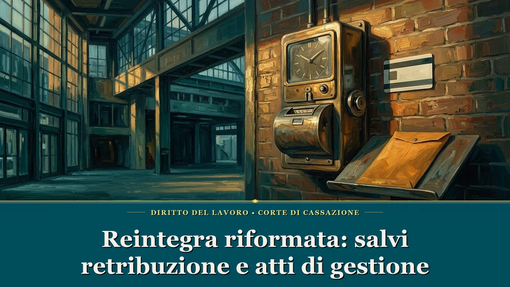 Illustrazione su effetto espansivo esterno e reintegrazione del lavoratore con timbratrice marcatempo e cartellino in ottanio scuro