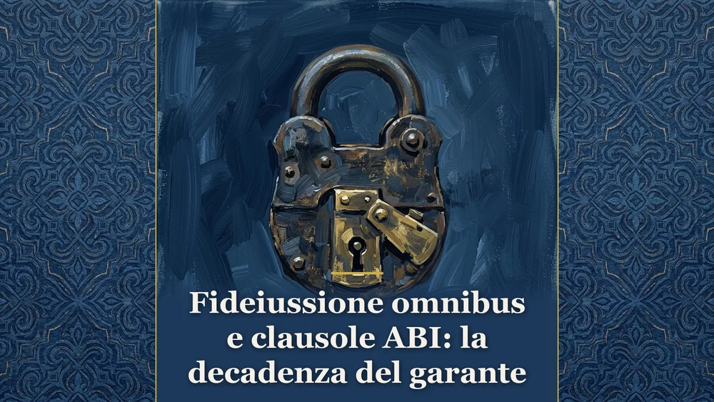 Illustrazione su fideiussione omnibus e clausole ABI, raffigurante un lucchetto in ferro e ottone con dettagli dorati su sfondo blu cobalto, per la sentenza di Cassazione Civile 24277/2026.