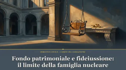 Dipinto a olio di fedi nuziali e altalena in cortile porticato sul tema di fondo patrimoniale e fideiussione per debiti societari della famiglia nucleare