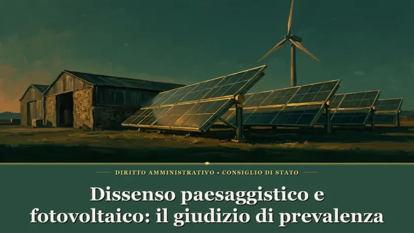 Dissenso paesaggistico in conferenza di servizi — Illustrazione sul tema dissenso paesaggistico e conferenza di servizi per fotovoltaico con pannello solare e turbina su verde