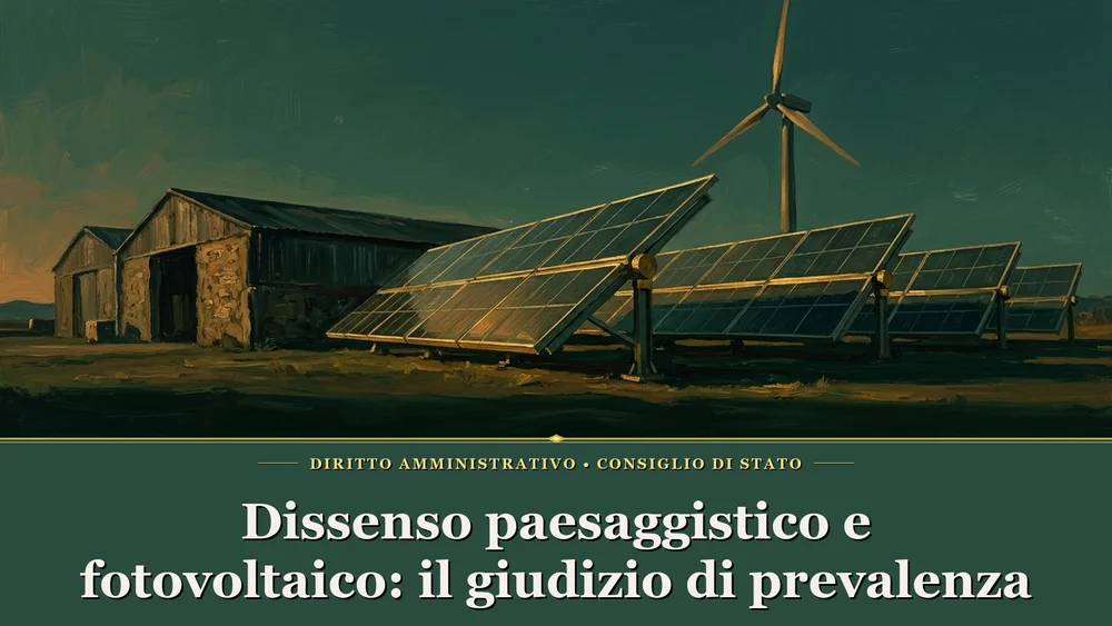 Dissenso paesaggistico in conferenza di servizi — Illustrazione sul tema dissenso paesaggistico e conferenza di servizi per fotovoltaico con pannello solare e turbina su verde