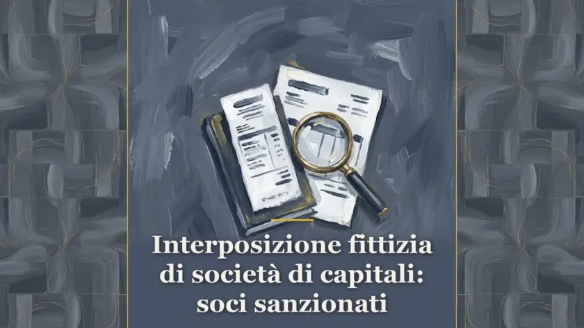 Illustrazione pittorica editoriale di fattura commerciale e lente d'ingrandimento su campitura grigio ardesia per il commento alla sentenza di Cassazione sull'interposizione fittizia di società di capitali