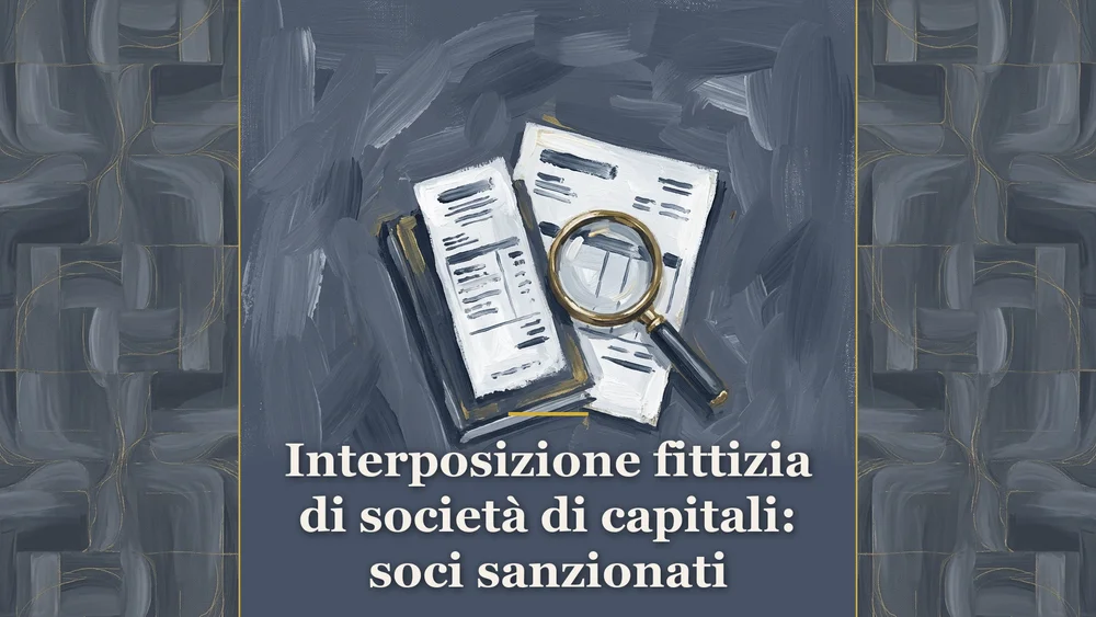 Illustrazione pittorica editoriale di fattura commerciale e lente d'ingrandimento su campitura grigio ardesia per il commento alla sentenza di Cassazione sull'interposizione fittizia di società di capitali