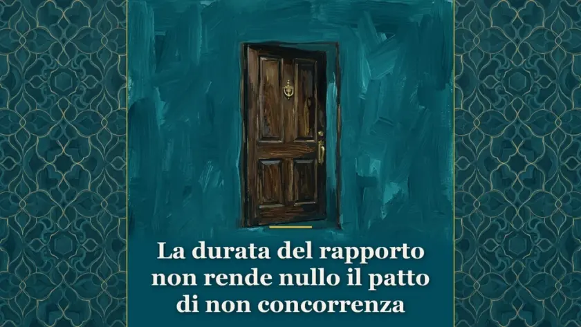 Illustrazione pittorica editoriale di una porta in legno su campitura ottanio per l'analisi della Cassazione sul patto di non concorrenza