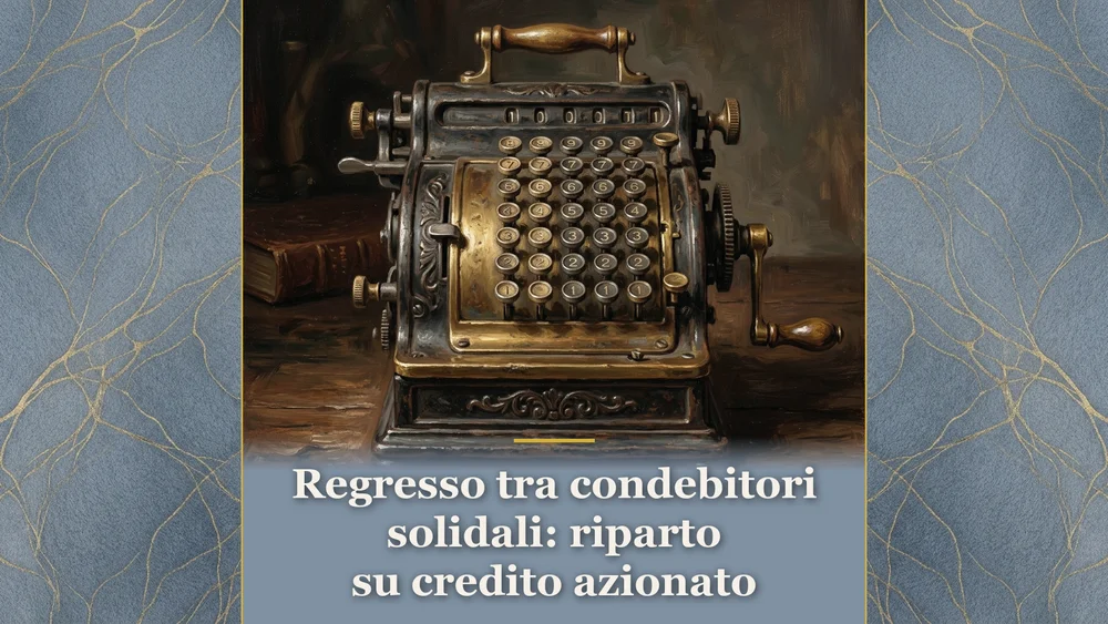 Una calcolatrice meccanica d'epoca in ottone posata su un piano di legno nobile, a rappresentare il riparto delle quote interne nel regresso tra condebitori solidali.