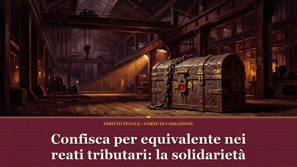 Pittura narrativa sul sequestro preventivo e confisca per equivalente con forziere e sigillo per Cassazione Penale n. 6287/2026
