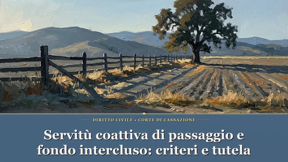 Servitù coattiva di passaggio e fondo intercluso — Dipinto a olio figurativo di una staccionata in legno e un campo agricolo al tramonto