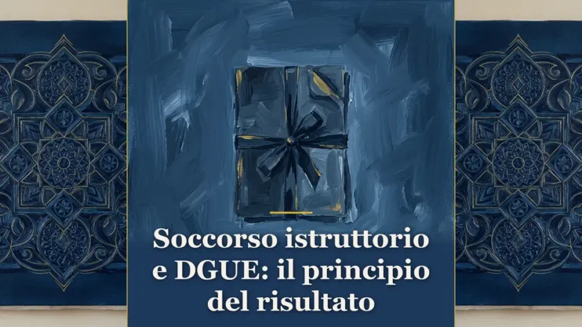 Illustrazione su soccorso istruttorio e Documento di Gara Unico Europeo, raffigurante un documento amministrativo su sfondo blu notte, per la sentenza del Consiglio di Stato 1438/2026.