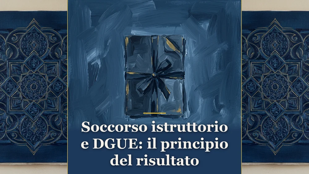 Illustrazione su soccorso istruttorio e Documento di Gara Unico Europeo, raffigurante un documento amministrativo su sfondo blu notte, per la sentenza del Consiglio di Stato 1438/2026.