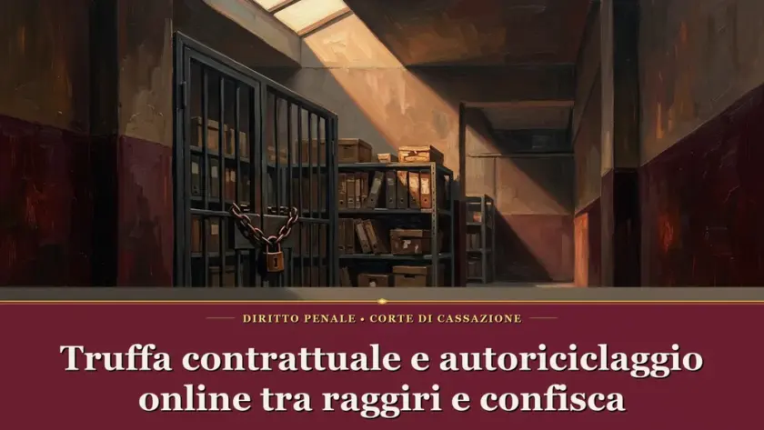 Truffa contrattuale e autoriciclaggio online — Dipinto a olio figurativo di un corridoio con cancello blindato e catena in penombra
