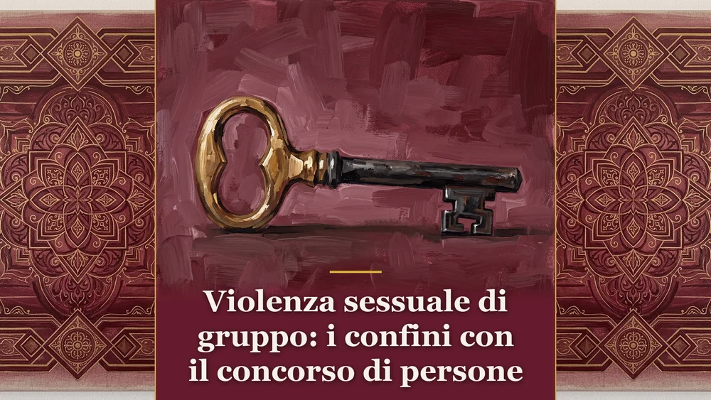 Illustrazione su violenza sessuale di gruppo e concorso di persone, raffigurante una chiave antica con dettagli dorati su sfondo bordeaux, per la sentenza di Cassazione Penale 23724/2026.